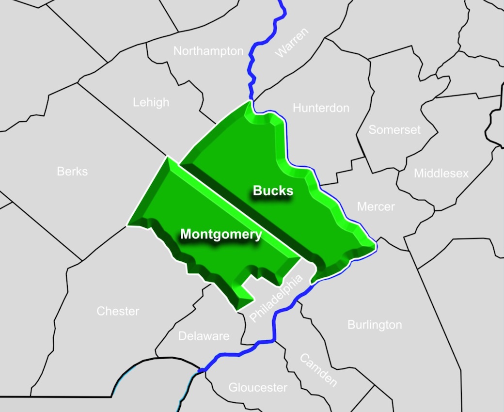 Map of Delivery Area in Bucks and Montgomery Counties in Pennsyvlania